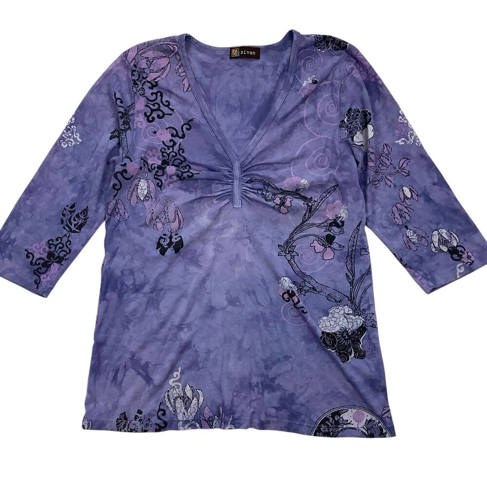 Purple Tie Dye 3/4 Sleeve V-Neck Top Women XS S Y2K Whimsigoth Fairy Grunge